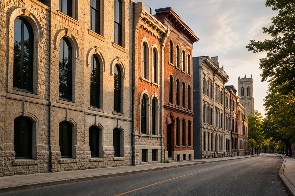 A row of nineteenth-century limestone and brick commercial buildings lining a downtown Guelph street, with a church spire in the distance.