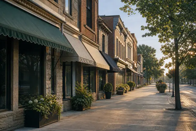 Quiet main street with brick storefronts, awnings, planters, and trees in warm morning light.