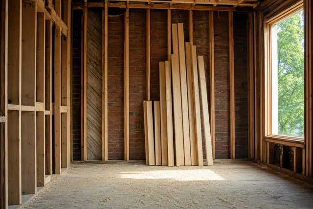 Partially framed room with brick wall, stacked lumber, sawdust-covered floor, sunlit window, and trees outside.