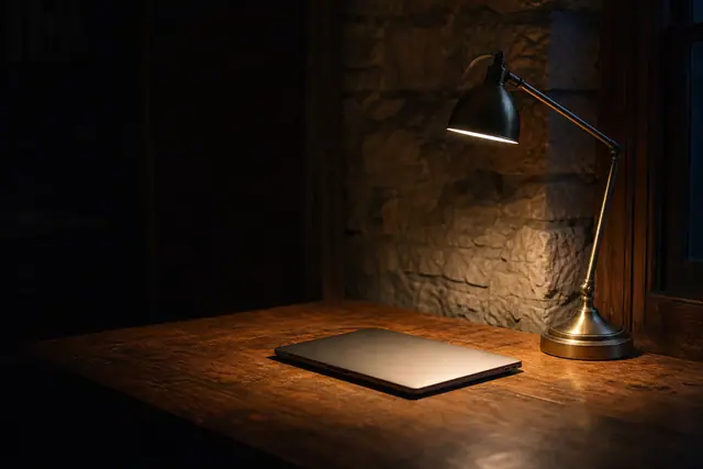 Warm desk lamp illuminating closed laptop on rustic wooden table beside stone wall and window.
