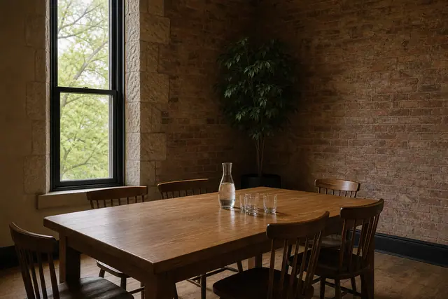 Wooden dining table with carafe and glasses, chairs, brick walls, window, and potted tree.