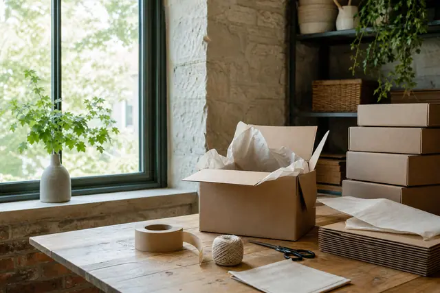 Open cardboard box with tissue paper on wooden table, scissors, twine, tape, stacked boxes, plant by sunlit window.