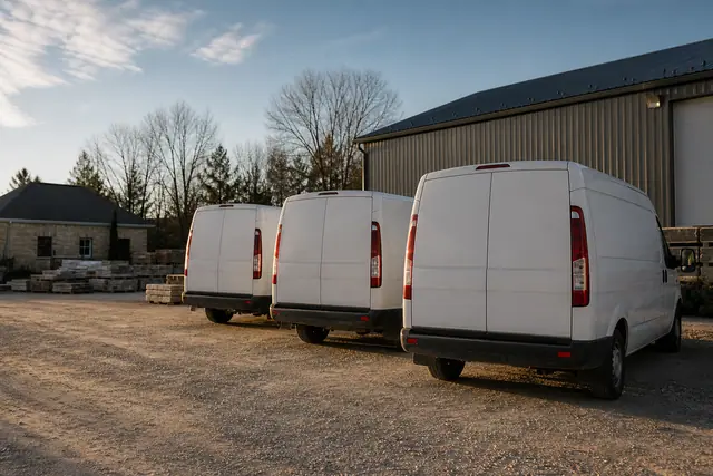 Three white cargo vans parked in a row on the gravel yard of a commercial building.