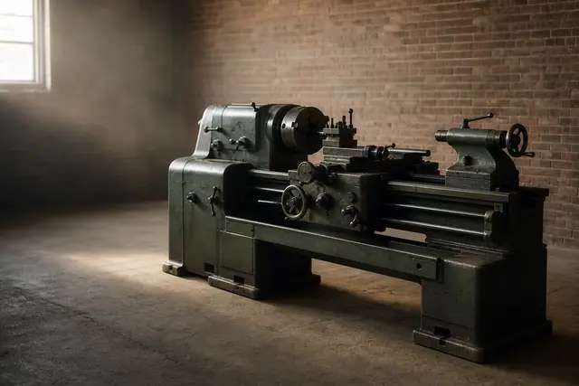 Heavy metal lathe sits in an empty brick-walled workshop, window light filtering through dust.