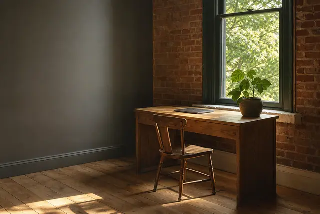 Sunlit wooden desk and chair beside brick wall window, laptop and potted plant on top, hardwood floor.