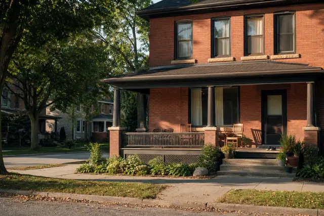 A two-storey red-brick student rental house with a deep covered porch on a tree-lined Guelph street.