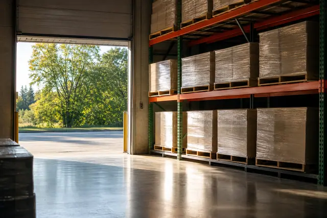 Sunlit warehouse interior with wrapped pallets on racks and open bay door facing green trees.