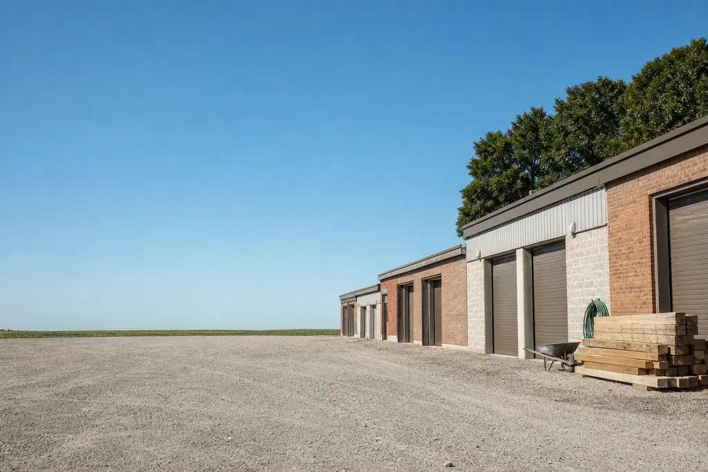 A low brick and steel commercial unit with roller-shutter loading doors, on a gravel forecourt beside open farmland under a clear sky.