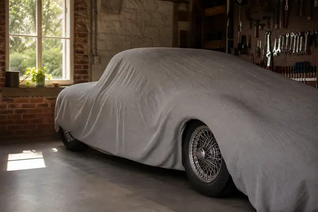 Covered classic car in a brick-walled garage, wire-spoke wheel visible, tools on pegboard, sunlight through window.