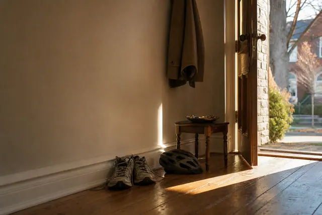 Sunlit entryway with open door, wooden floor, coat on hook, shoes, bicycle helmet and small table.