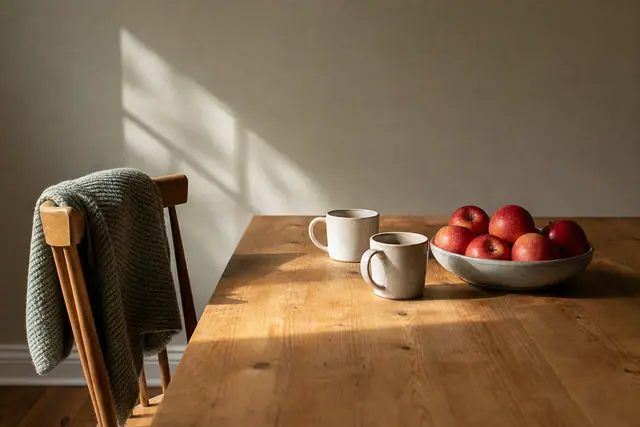 Sunlit wooden table with two ceramic mugs, bowl of red apples, and blanket on chair.