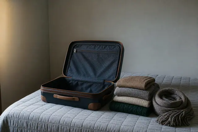 Open navy suitcase with brown trim on quilted grey bed, stacked sweaters and coiled scarf, soft light.